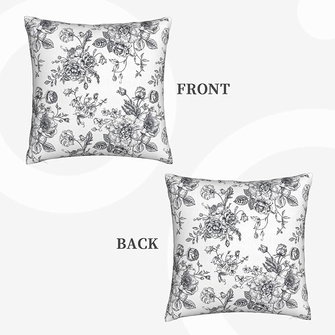 Dark Grey and White Floral Throw Pillow Covers 18x18 Set of 2, Vintage Flower Rustic Farmhouse Pillow Covers Outdoor Decorative Pillow Case for Couch Bed Sofa Cushion Home Decor