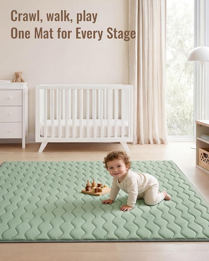 Blissful Diary Baby Play Mats for Floor, 71x59 Inch Extra Thicker & Large Soft Cushioning Foam Playmats for Babies and Toddlers, Foldable Washable Baby Crawling Mat for Playpen, Sage Green