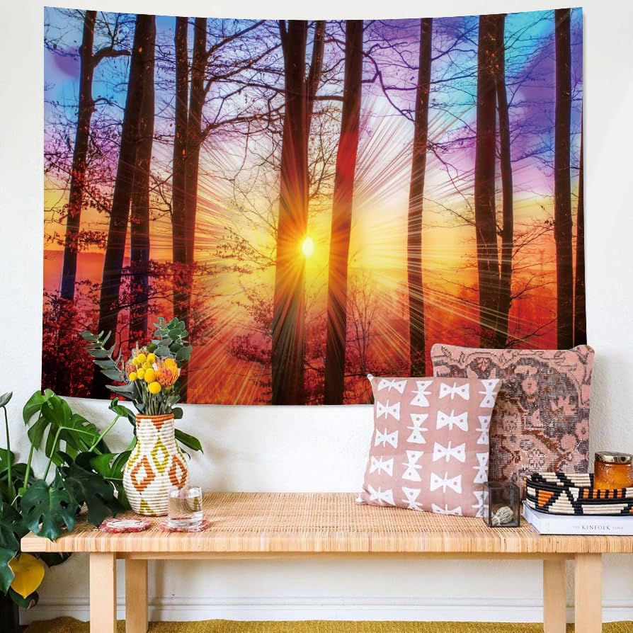 Shrub Sunshine Tapestry Large Wall Hanging for Bedroom Living Room Nature Decor - color: Forest Sunrise, size: 59.1"L x 51.2"W