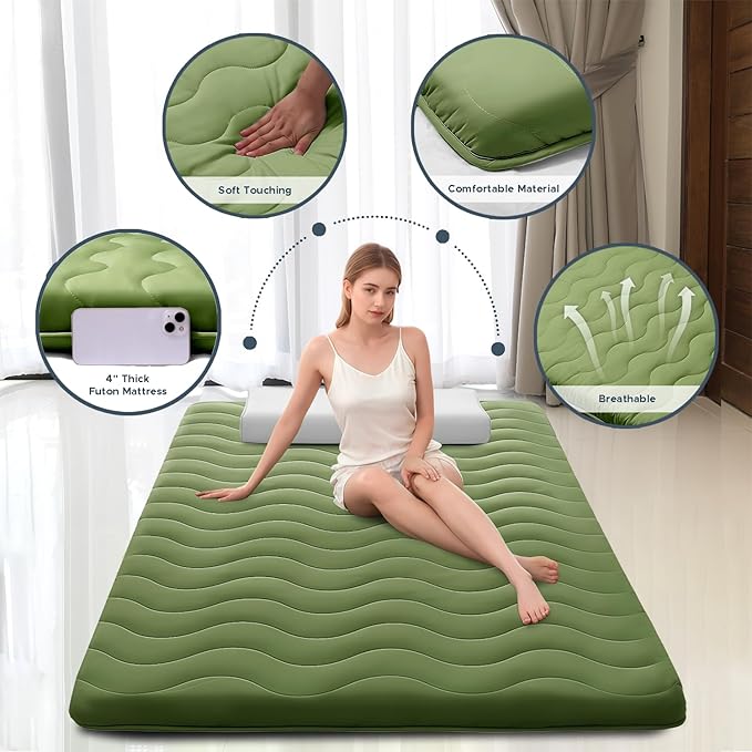 Japanese Floor Mattress, 100% High Density Comfortable Foam, 4" Thicken Foldable Mattress Tatami Mat Sleeping Pad, Ideal for Comfort and Support, Kids Floor Lounger Camping Bed Sofa, Green, Queen