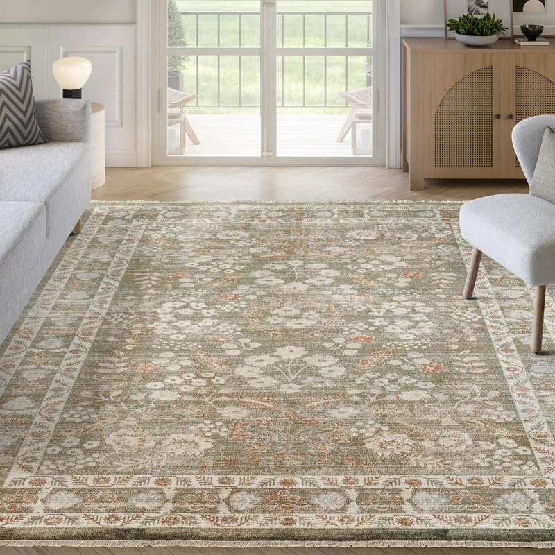 Abani Oriental & Vintage Area Rug - 4'x6' Green Rectangle Rug for Living Room & Bedroom - Alara Vintage Collection - size: 4' x 6'5" (Rectangular)
