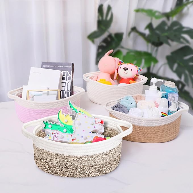 ABenkle Small Basket with Handles - Decorative Durable Rope Woven Storage Bin Shelf Storage Organizer Cube, Easter Baby Gift Basket, 12"x8"x5"