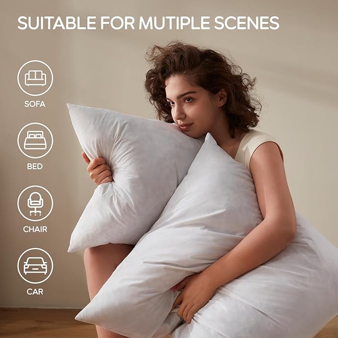 Feather Throw Pillow Inserts Set of 2, Soft Fluffy Rectangle 12 x 24 Inches Decorative Pillow Insert, Feather and Down Filled Euro Pillows for Bed, Couch and Cushion