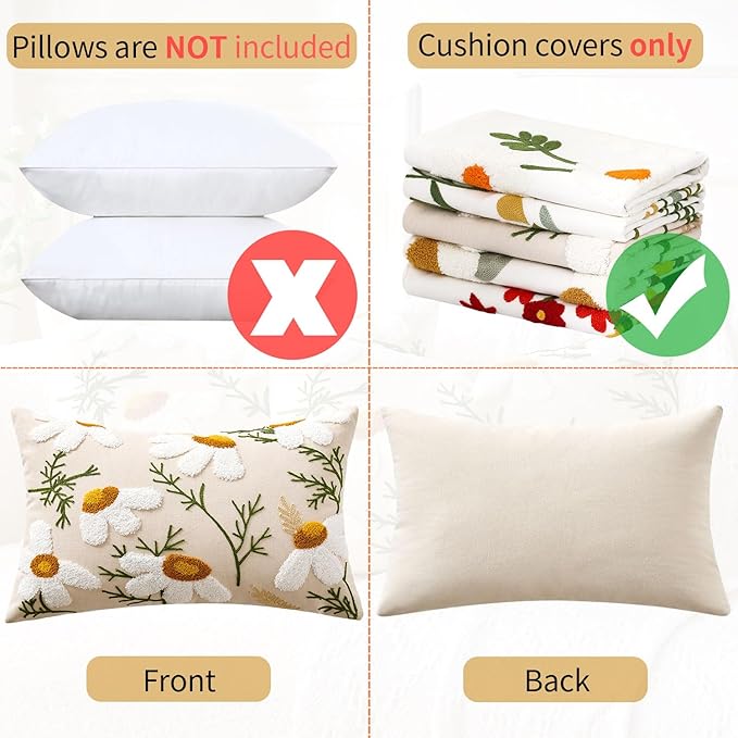 Embroidered Lumbar Pillow Covers Boho Farmhouse Daisy Tufted Pillow Covers Floral Decorative Couch PillowCases 12x20 Cottagecore Square Cushion Cover Set of 2 for Living Room Couch Sofa Bed Home Decor