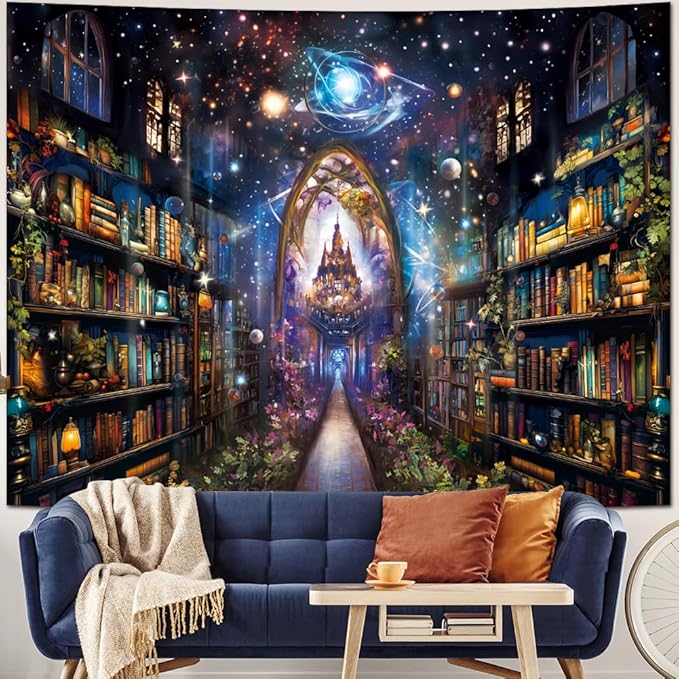 Heynvioo Mysterious Bookshelf Tapestry Galaxy Space Library Tapestry Fantasy Landscape Vintage Aesthetic Tapestries Book Decoration Wall Hanging Decor for Bedroom Home