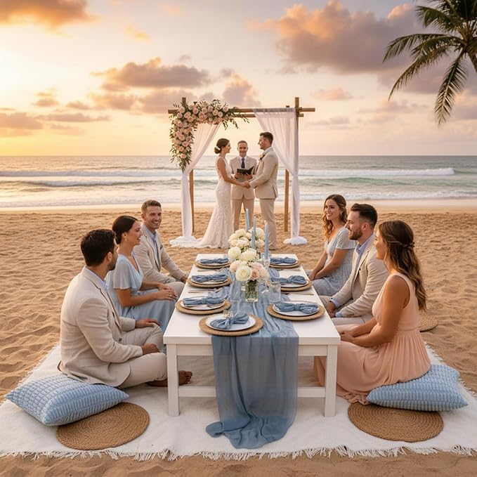 91 x 71 Extra Large Outdoor Boho Picnic Blanket with Gray Blue Table Runner, 6 Throw Pillow Covers 6 Napkins Woven Cotton Yarn Oversize Beach Blanket Washable Picnic Camp Wedding