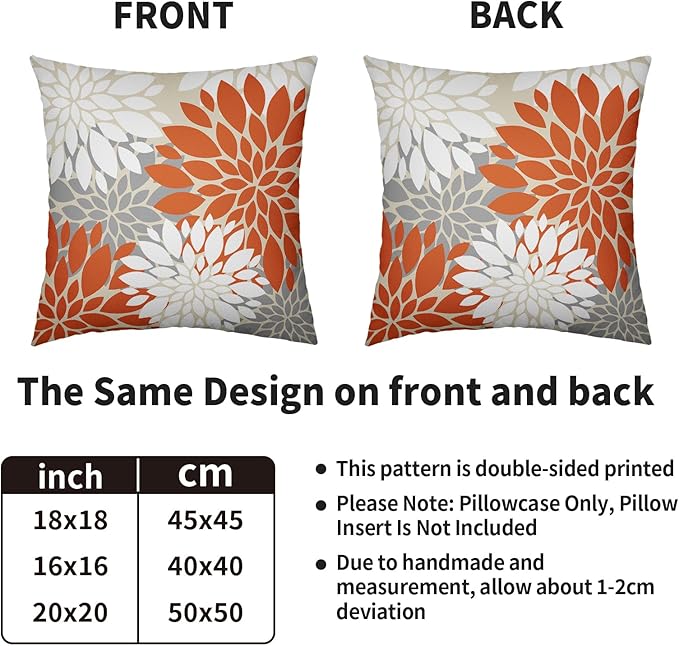 Orange White Grey Gray Pillow Covers 22X22 Inch Set of 2, Modern Dahlia Floral Print Decorative Throw Pillow Covers Outdoor Farmhouse Cushion Case for Home Couch Sofa Bed Decoration