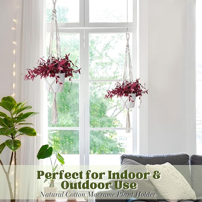 Flexzion 2 Pack White Macrame Plant Hanger - 41 Inch Macrame Hanging Planter with C & S Hooks - Indoor Hanging Plant Holder with Woven Cotton Rope for Home Decor (Plant Pot Not Included)