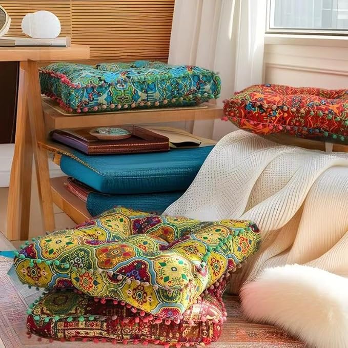 Bohemian Floor Pillow,Square Meditation Cushion & Yoga Mat – Ethnic Mandala Pattern Floor Seating for Living Room, Bedroom, Relaxation, Floor Decor(Green)