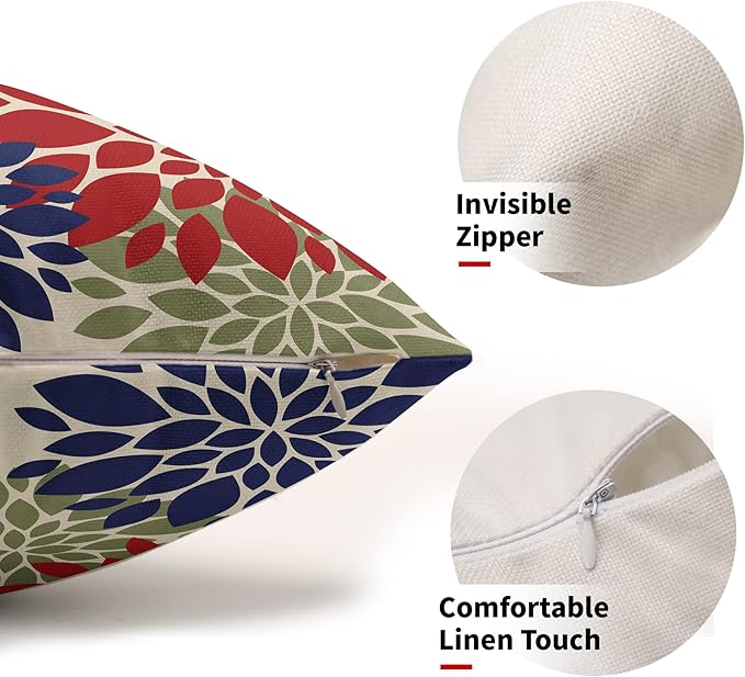 4th of July Pillow Covers 12X20 Inch Set of 2, Patriotic Red Blue Green Dahlia Floral Print Holiday Decorative Rectangle Throw Pillow Covers Outdoor Farmhouse Cushion Case for Couch Sofa Bed Decor