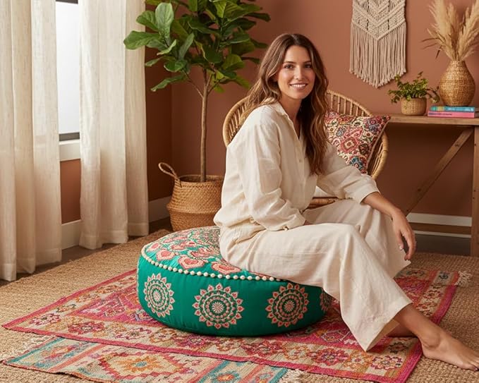 Turquoise Round Velvet Pouf Cover - Soft Embroidered Ottoman Slipcover with Moroccan Design, 24 Inch Diameter, Ideal for Living Room, Bedroom, or Meditation Space -Decorative Floow Pillow Cushion