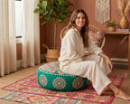 Turquoise Round Velvet Pouf Cover - Soft Embroidered Ottoman Slipcover with Moroccan Design, 24 Inch Diameter, Ideal for Living Room, Bedroom, or Meditation Space -Decorative Floow Pillow Cushion