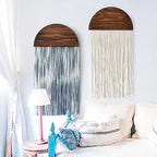 2 Pcs Tie-dye Macrame Wall Hanging Boho Home Decor, Blue White Yarn Tassel Wall Art with Modern Wood Frame, Semicircle Design 13.7" W x 30" L Perfect for Living Room Bedroom Headboard Decoration