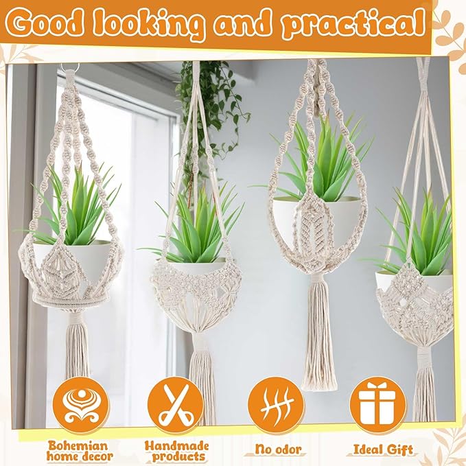 4 Pack Macrame Plant Hanger Hanging Planter with Patterns for up to 8 Inch Pot Indoor Outdoor Hanging Planter Basket Boho Plant Hanger Holder Decorative Flower Pot Holder for Garden Home