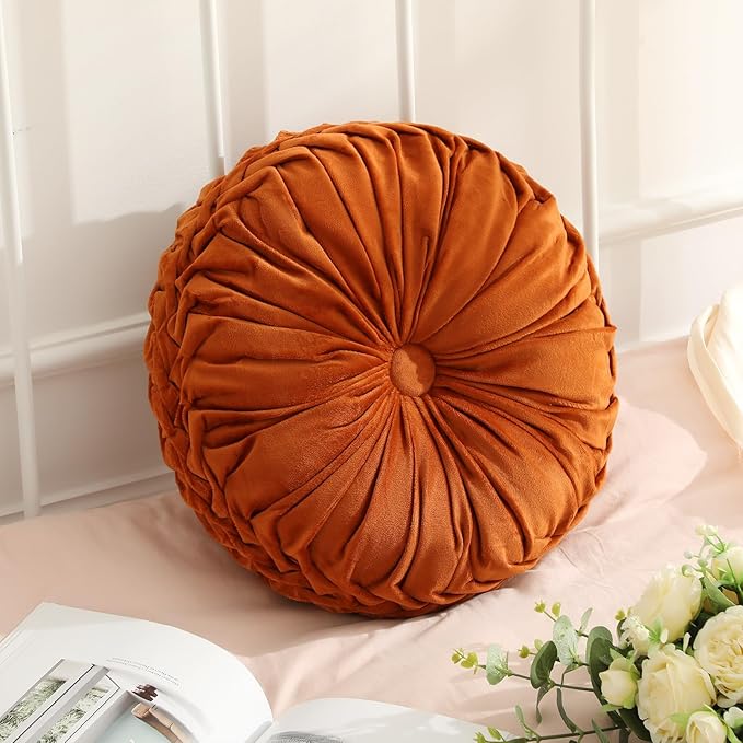 Round Throw Pillows Decorative Pleated Throw Pillows 15'' Diameter Accent Pumpkin Boho Chair Cushion for Couch Sofa Home Decoration(Burnt Orange,1 Pcs)