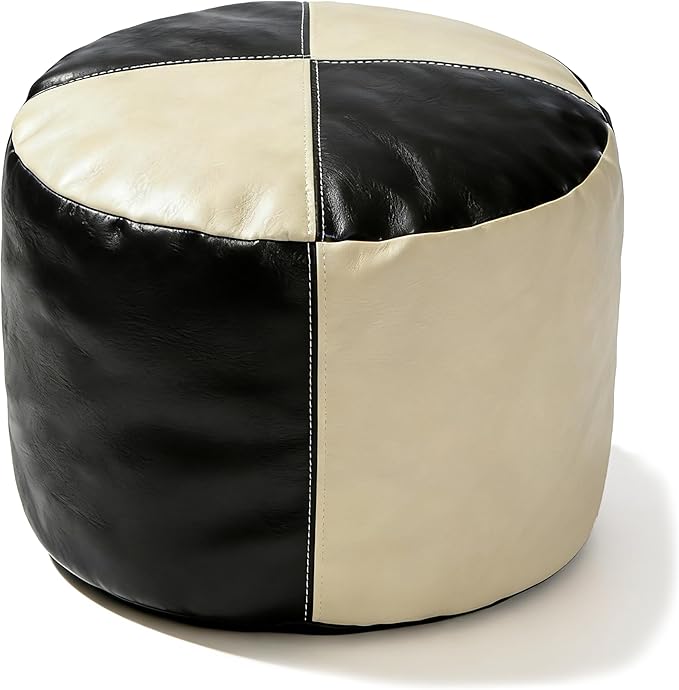 Thgonwid Unstuffed Faux Leather Pouf Cover, Handmade Footstool Ottoman Storage Solution, Floor Footrest Cushion - 16.5”Dx12”H, Black & White