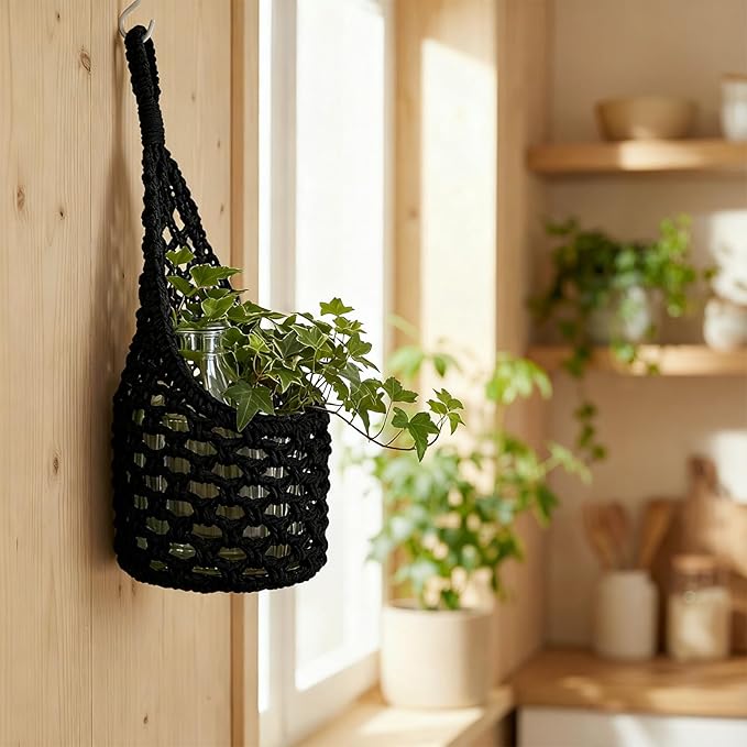 Macrame Wall Plant Hanger, Hanging Planter Basket Holder, Wall Planters for Indoor Plants, for Up to 6 Inch Pot (Black, 6-Inch)
