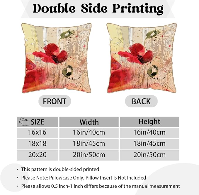 KSLIDS Red Poppy Flower Soft Velvet Throw Pillow Covers Set of 2 Watercolor Art Flower Decorative Pillow Covers 18x18 Inch Retro Beige Pillow Case for Sofa Couch Living Room Farmhouse Home Decor