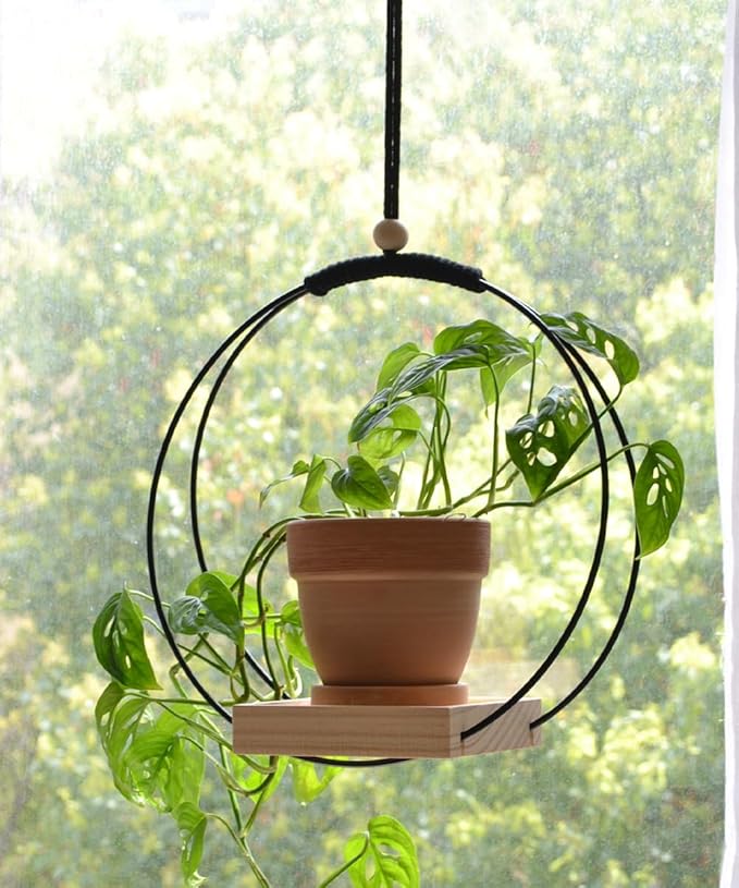 Plant Hanger with Wood Base - Boho Macrame Hanging Plant Holder for Indoor Plants Hanging Planter for Wall /Window/Room Decor Black (Pot & Plant Not Included)