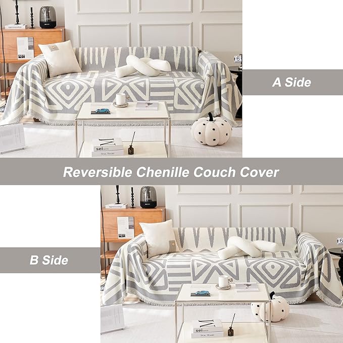 ROOMLIFE Boho Couch Cover for 3 Cushion Couch L Shape Sofa Covers for Sectional Sofa Reversible Silpcover for Dogs Washable Chenille Furniture Protector for Living Room,91"x118"
