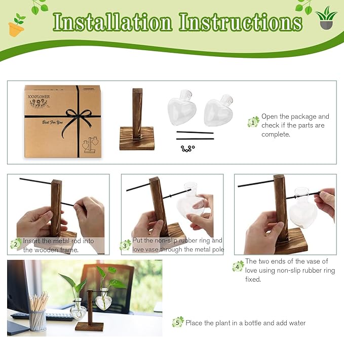 XXXFLOWER Plant Terrarium Wooden Stand, Hydroponic Planter Bulb Glass Metal Swivel Holder Retro Air Plants Water Plants for Home Office Decoration,Gifts for Plant Lover Wife Mom- 2 Love Bulb Vase