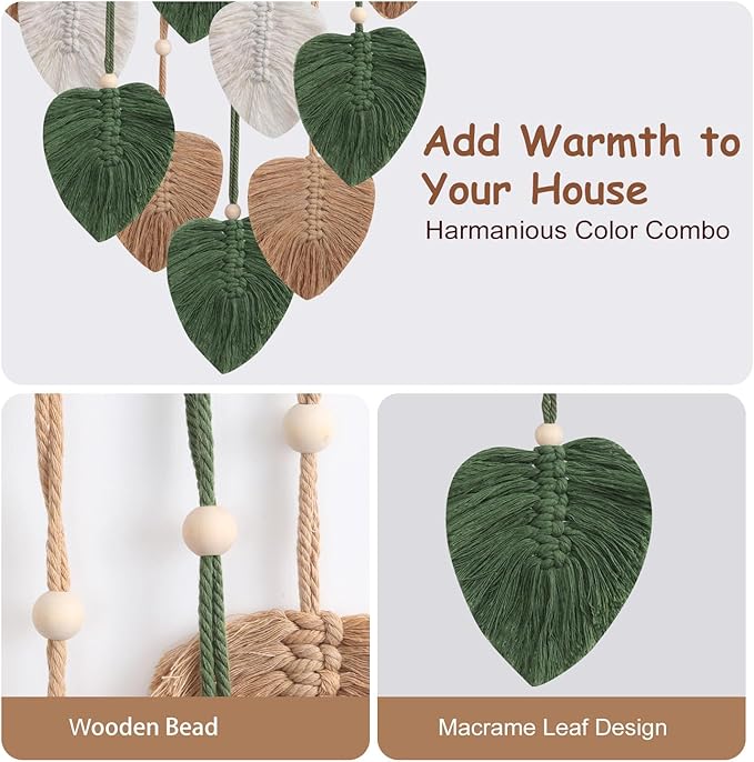 Easemykit Wall Hanging Decor Leaves Tapestry, Boho Macrame Wall Decor Tapestry Woven Feather Handmade Yarn Tassels Leaf Macrame Wall Art Decorations for Living, Bedroom, Office,Nursery,Apartment Room,16x26 Inch(Brown Green)