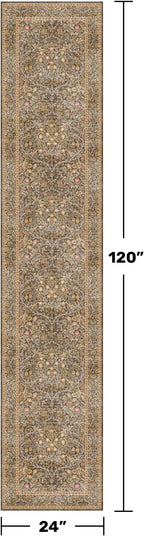 Non Slip 2x10 Gold Brown Hallway Runner - 10ft Long Runner Rugs, Washable Kitchen Floor Mat - Vintage Floral Design Décor