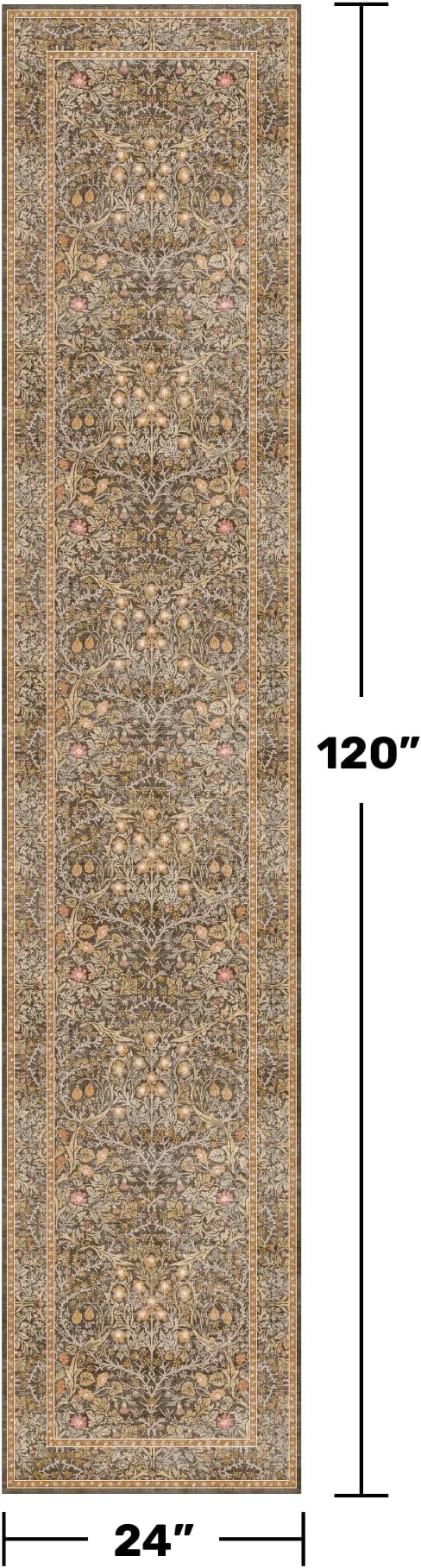 Non Slip 2x10 Gold Brown Hallway Runner - 10ft Long Runner Rugs, Washable Kitchen Floor Mat - Vintage Floral Design Décor