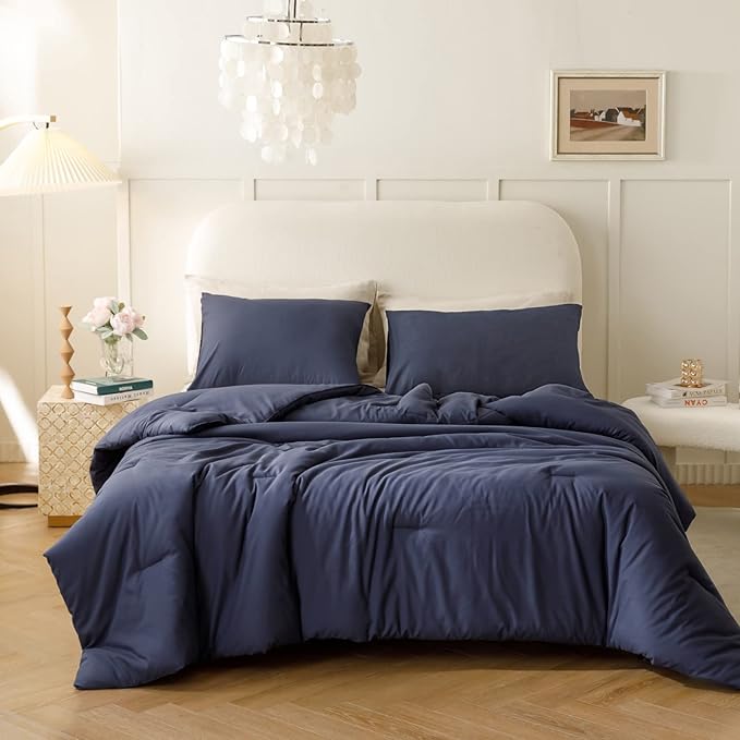 ROSGONIA Comforter Full Size for Boys Teen Girls Navy Blue, 3pcs (1 Blue Comforter & 2 Pillowcases), Lightweight Dorm Bedding Soft All Season Bed Set