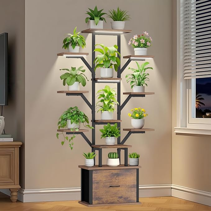 Plant Stand Indoor with Grow Lights - 12 Tiered Metal Plant Shelf with Drawer, 65" Large Plant Stand for Indoor Plants, Holds 16 Plant Pots, Flower Holder Plant Rack for Living room, Patio, Bedroom