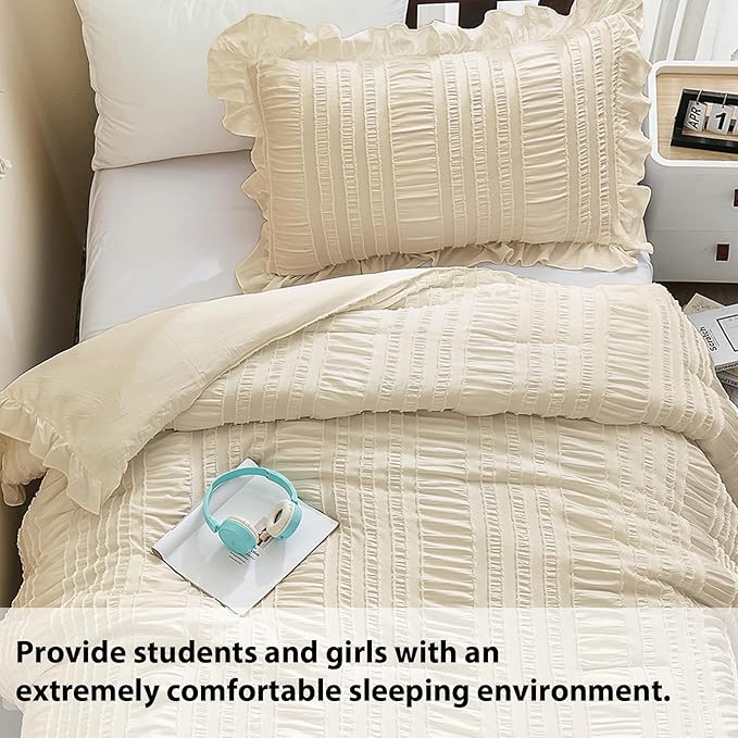WONGS BEDDING Beige Comforter Set Full, 3 Pieces Ruffle Shabby Chic Comforter for Dorm Room Essentials for Full Bed, Soft Seersucker Bedding Set with 1 Comforter, 2 Tufted Pillowcases 90"×78"