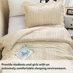 WONGS BEDDING Beige Comforter Set Full, 3 Pieces Ruffle Shabby Chic Comforter for Dorm Room Essentials for Full Bed, Soft Seersucker Bedding Set with 1 Comforter, 2 Tufted Pillowcases 90"×78"