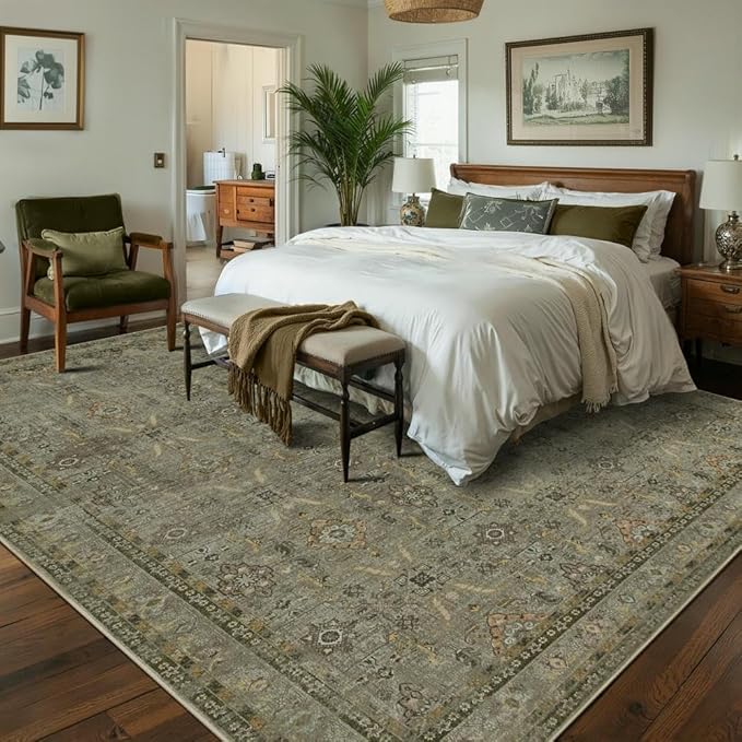 8x10 Area Rugs for Living Room Bedroom, Large Washable Rug, Vintage Floral Boho Rug, Non Slip & Low Pile Faux Wool Thin Carpet for Indoor Dining Room and Kids Room(Olive Brown 8x10ft)