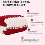 L'AGRATY Chunky Knit Blanket Throw - Soft Chunky Throw Blanket 40x50: 100% Hand Kintted Chenile Crochet Throw Blanket for Couch - Large Cable Knit Chunky Blanket for Home Decor(Red and White)