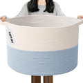 115L Large Blanket Basket,23.6" L x 23.6" W x 15.7" H Rope Woven Baskets with Handles, Toys Storage Bins,Laundry Basket Perfect for Living Room, Nursery,Bedroom,Home Organization,White&Blue
