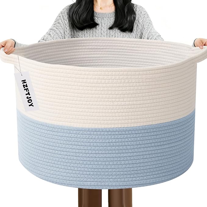 115L Large Blanket Basket,23.6" L x 23.6" W x 15.7" H Rope Woven Baskets with Handles, Toys Storage Bins,Laundry Basket Perfect for Living Room, Nursery,Bedroom,Home Organization,White&Blue