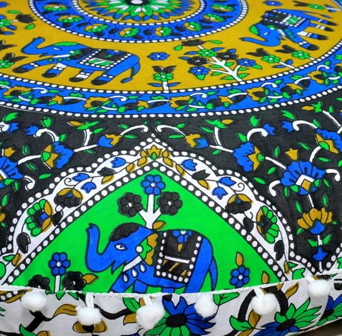 CRAFT KALA 22" Round Mandala Boho Pillow Cover Meditation Room Seating Poufs Cover for Living Room Yoga Room Home Bedroom Balcony Garden Party Decoration Cotton Floor Cushion Cover 22", Blue Elephant