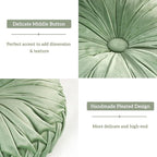 HIG Set of 2 Decorative Round Pleated Throw Pillows, Classy Accent Pumpkin Throw Pillows with Center Button, Vintage Velvet Floor Pillows for Sofa Vanity Chair Bed, Sage, 14.5" Diameter(Ripple)