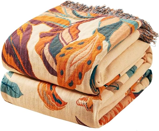 Boho Blanket for Bed 100% Cotton Bohemian Throw Blankets Ultra Soft Woven Muslin Decorative Blankets All Seasons Vintage Quilt Knitted Blanket for Sofa Chair(Orange, 90"x98")