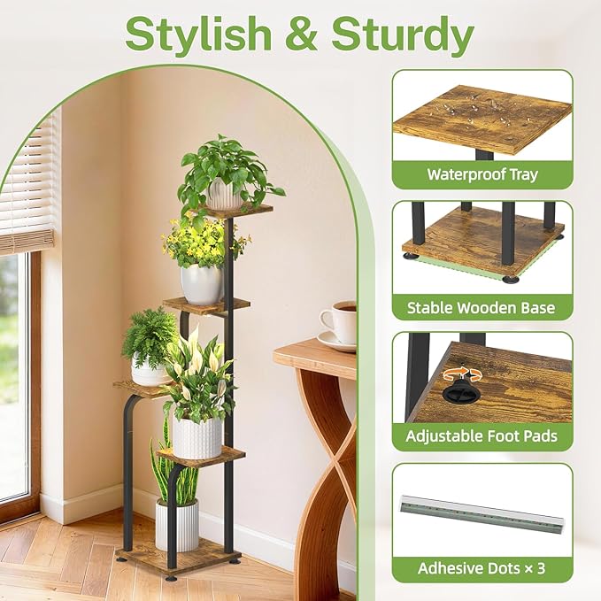 iDavosic.ly Tall Plant Stand Indoor with Grow Light, 4 Tier Corner Multiple Flower Holder Shelf with Wooden Trays, Space Saving Display Rack for Living Room Balcony Patio Porch | Black & Brown
