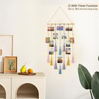 Mkono Hanging Photo Display Boho Macrame Wall Decor with Light, Teen Girl Teenage Gifts, Pictures Cards Frame Holder Art Hanger for Christmas Birthday Party Bedroom Dorm, with 30 Wood Clips, Multi