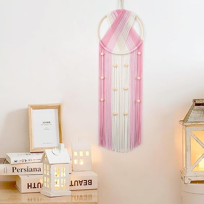 EOBTAIN Pink Macrame Wall Hanging Dream Catchers Pink and Beige Woven Tapestry Wall Art with Ombre Tassel, Boho Macrame Wall Decor for Bedroom Living Room Apartment Home,31.5L x9.84W Inch
