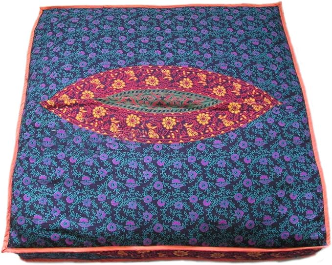 ICC Large Square Floor Pillow Cover Hippie Ottoman Pouf Cover Daybed Cotton Mandala Cushion Cover with Heavy Duty Zipper Seating Ottoman Poufs Dog-Pets Bed (Purple 6 kaam Flower, 35" Square)