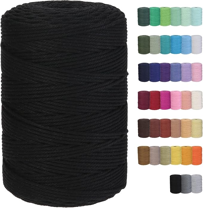 Cotton Macrame Cord 3mm 328yards Natural Colored Macrame Supplies, Soft Craft Cotton Rope for Plant Hanger Wall Hanger Dreamcatcher (Black)