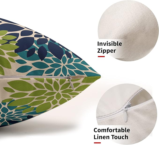Navy Blue Green Teal Pillow Covers 12X20 Inch Set of 2, Modern Dahlia Floral Print Decorative Rectangle Throw Pillow Covers Outdoor Farmhouse Cushion Case for Home Couch Sofa Bed Decoration