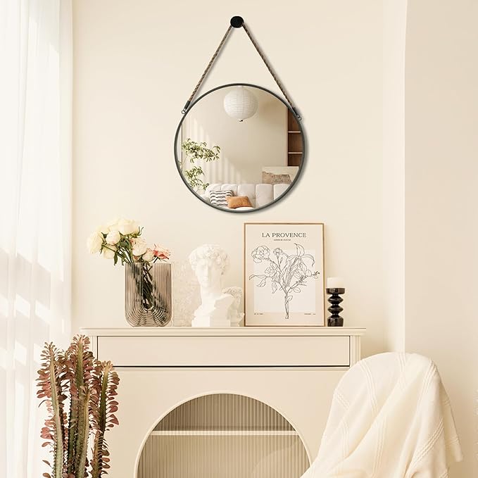 POZINO Round Mirror, Rope Hanging Mirror, 15 Inch Farmhouse Circle Wall Mirror for Bathroom Bedroom Living Room Entryway Home Decor, Grey