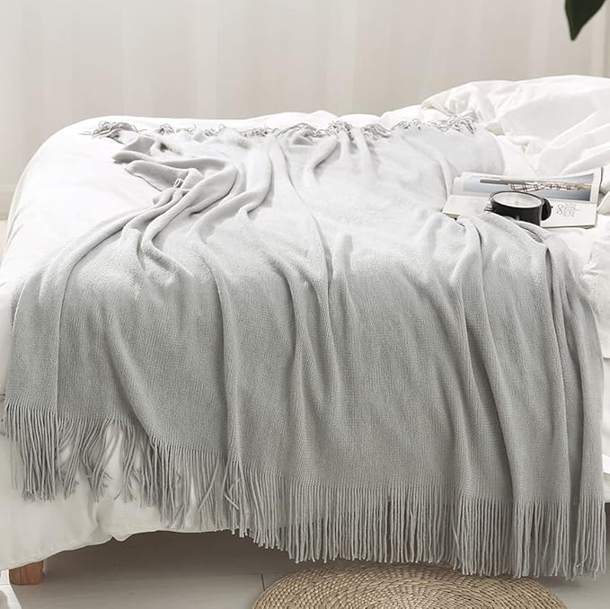 Homiest Decorative Knitted Throw Blanket with Fringe Soft & Cozy Tassel Blanket for Couch Sofa Bed (Light Grey,50x60)