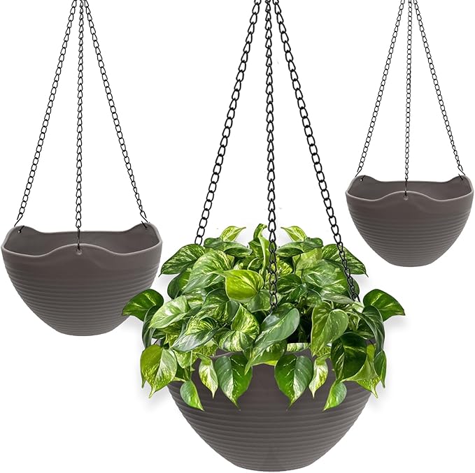Hanging Planters for Indoor Plants 3 Pack - 7/8/10 Inch Plastic Hanging Pots with Water Sieve Mesh, Small Hanging Pots for Home Garden, Porch, Balcony & Patio Decor, Black