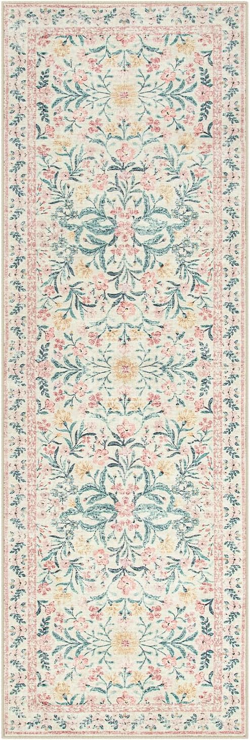 Lahome Sylvie Boho Hallway Runner Rug 2x6,Floral Kitchen Runner Rugs Non Skid Washable,Super Soft Indoor Throw Carpet for Girls Bedroom Bedside Bathroom Laundry Room, Pink/Multi