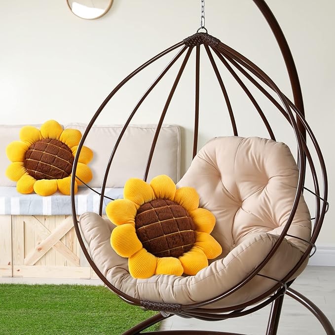 Coume 2 Pieces 3D Sunflower Flower Floor Pillow Seating Cushion Mat Sunflower Shaped Throw Pillow Yellow Chair Pads Decorative Plush for Bed Car Chair Sofa Office Gifts(15 Inch)